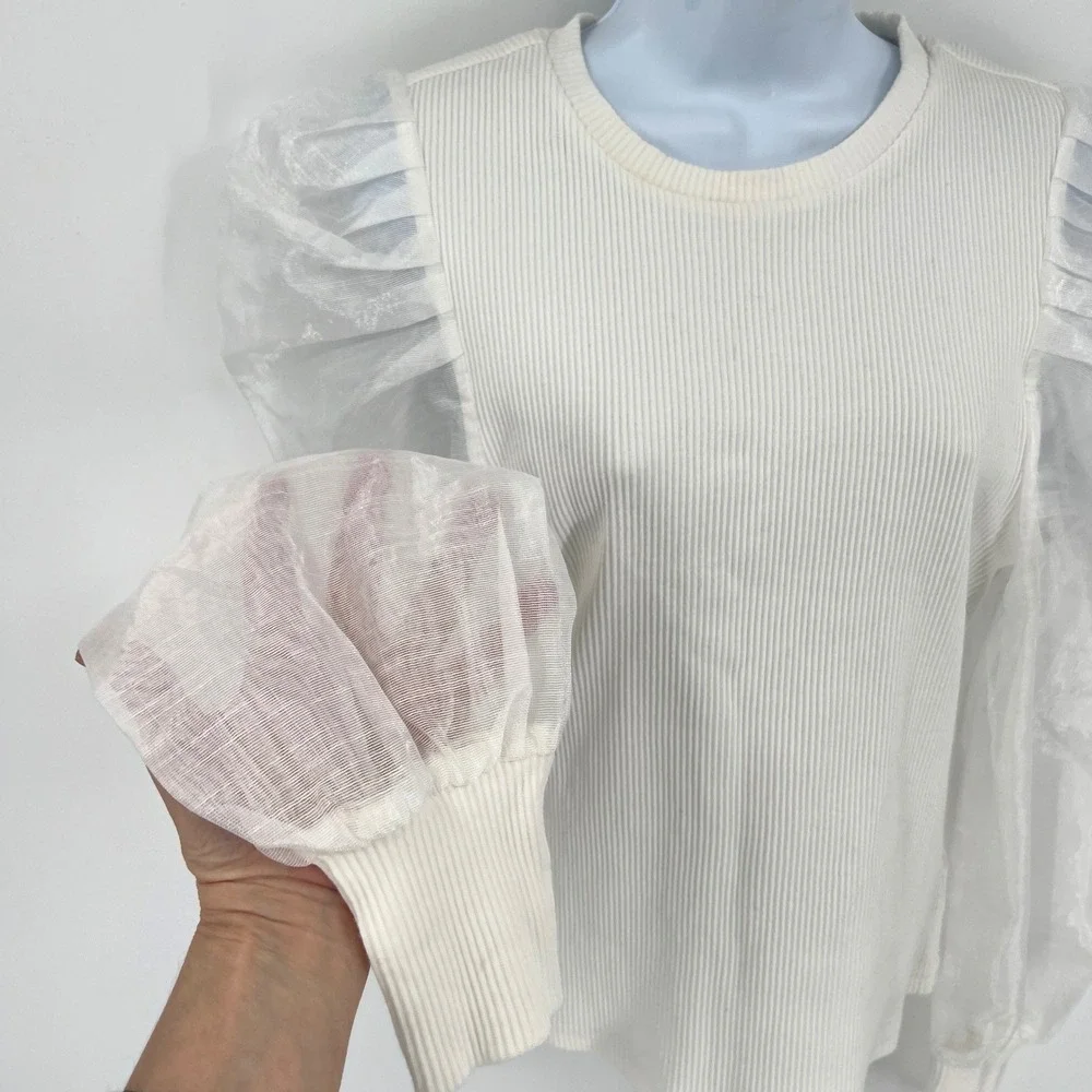 DOLAN Puff Sleeve Top‎ Anthropologie White Ruched Sleeves Romantic Size L